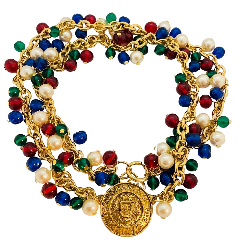 Vintage CHANEL gold medallion glass beads chain necklace - authentic upcycled
